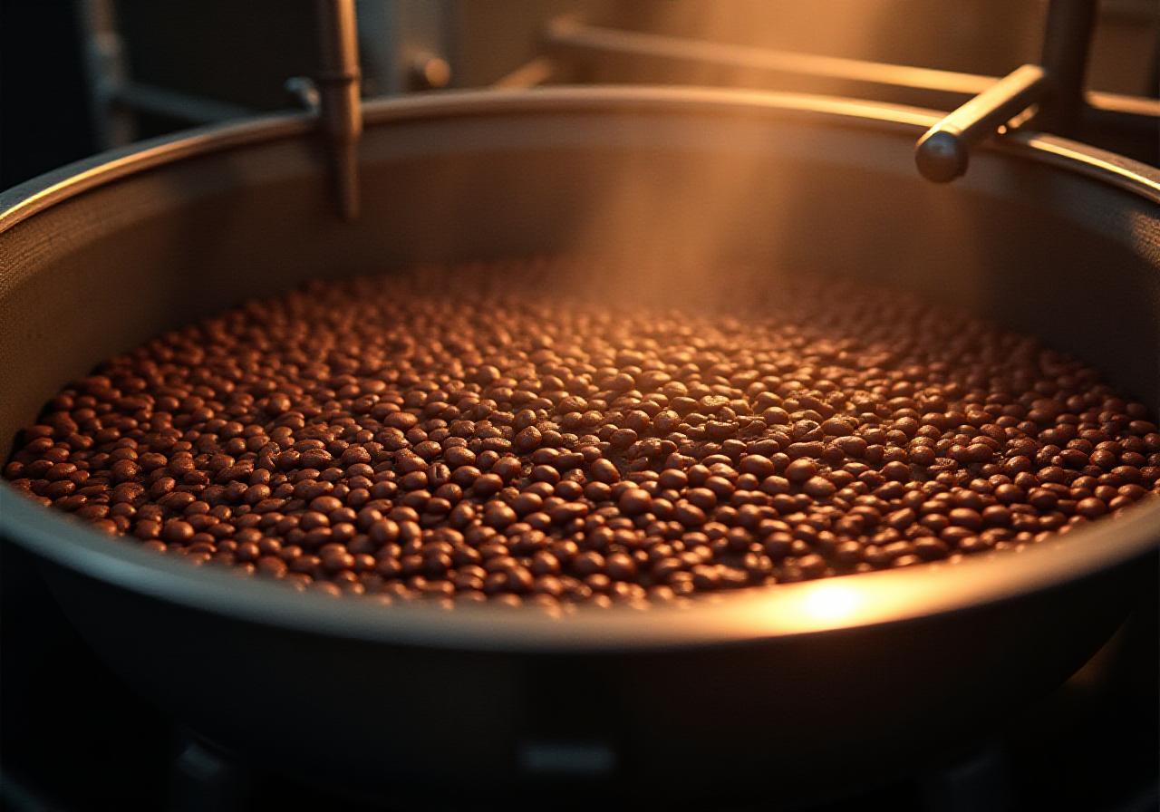 Close-up of freshly roasted coffee beans cooling in a circular industrial tray