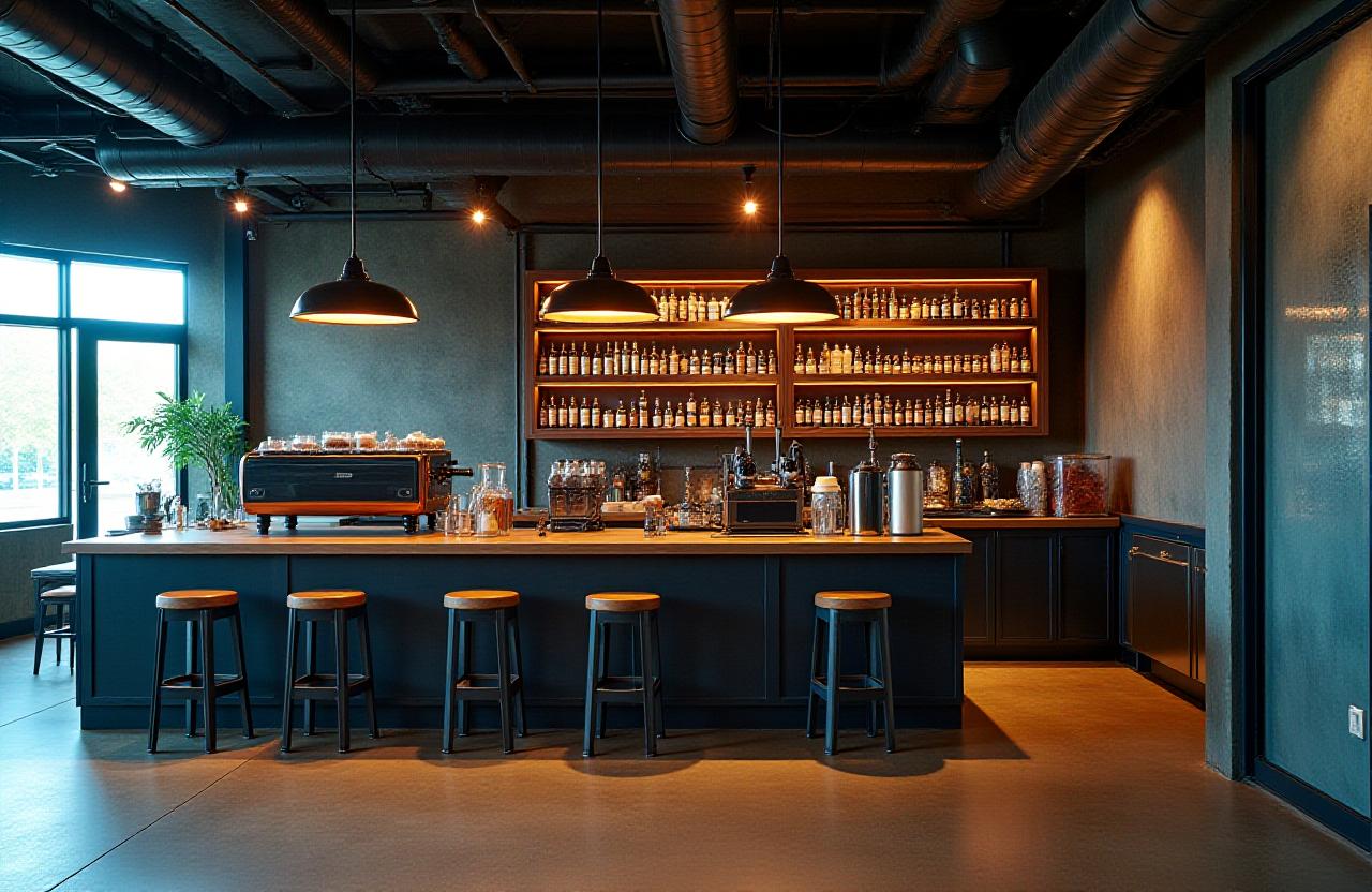 Industrial interior of Ironfounder Brew Co. showing brewing machines and rustic decor